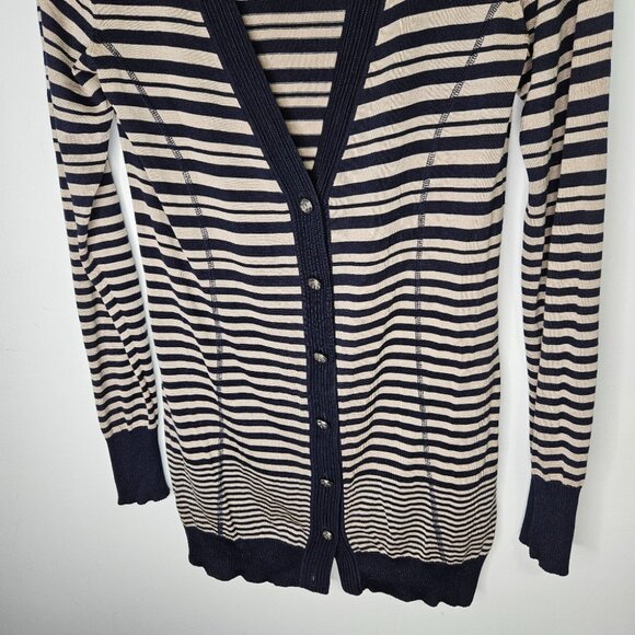 Max Mara Weekend Silk Cardigan Sz L Button Front Striped Navy Blue Beige - Picture 5 of 11